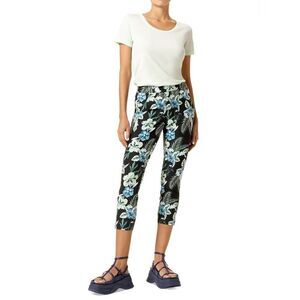 NEW HUE Medium Black Multi Color Floral  Cotton Blend Capri Jeggings Tropical